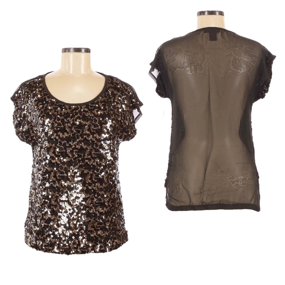 🌺 Material Girl Gold Sequin Blouse Sheer Back Short Sleeve Party Top NWT Sz S